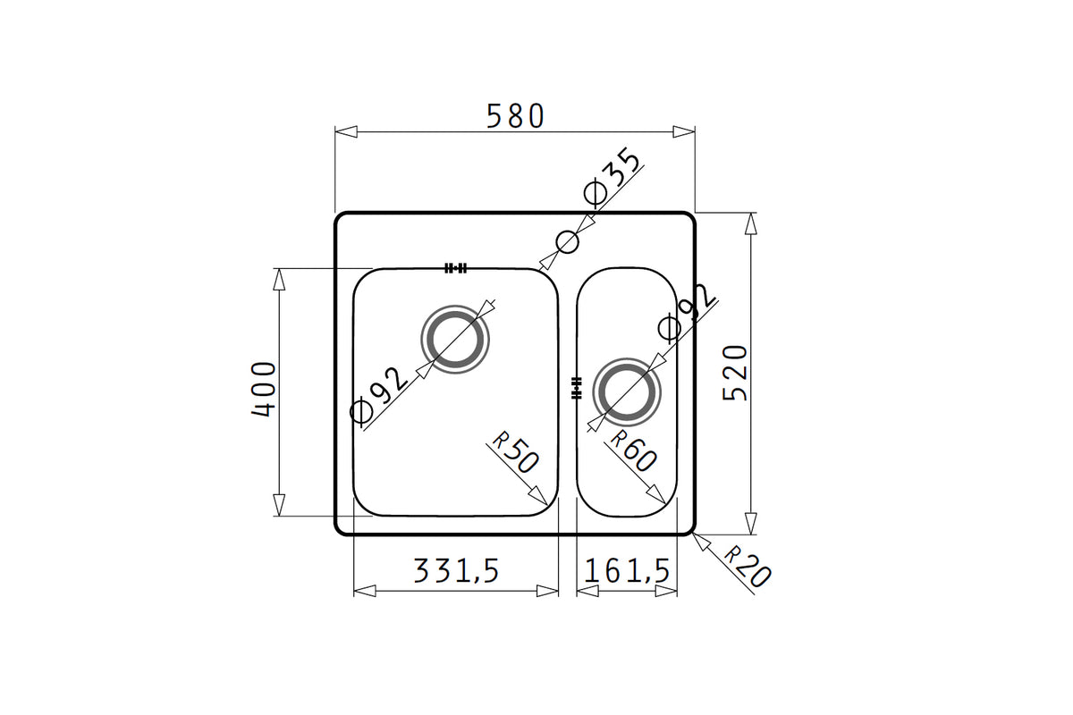 Chiuveta inox Pyramis ZERIA 58x52 1 1/2B ST