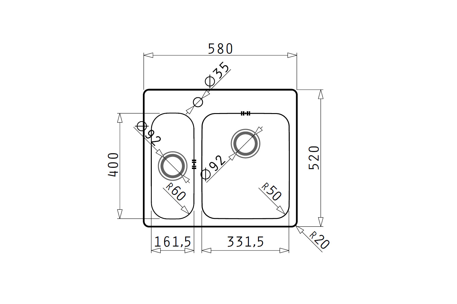 Chiuveta inox Pyramis ZERIA 58x52 1 1/2B DR