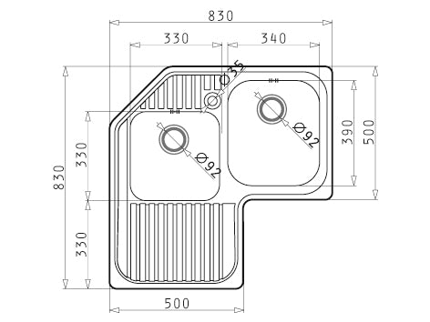 Chiuveta inox CELESTE  83x83 2B 1D DR LN