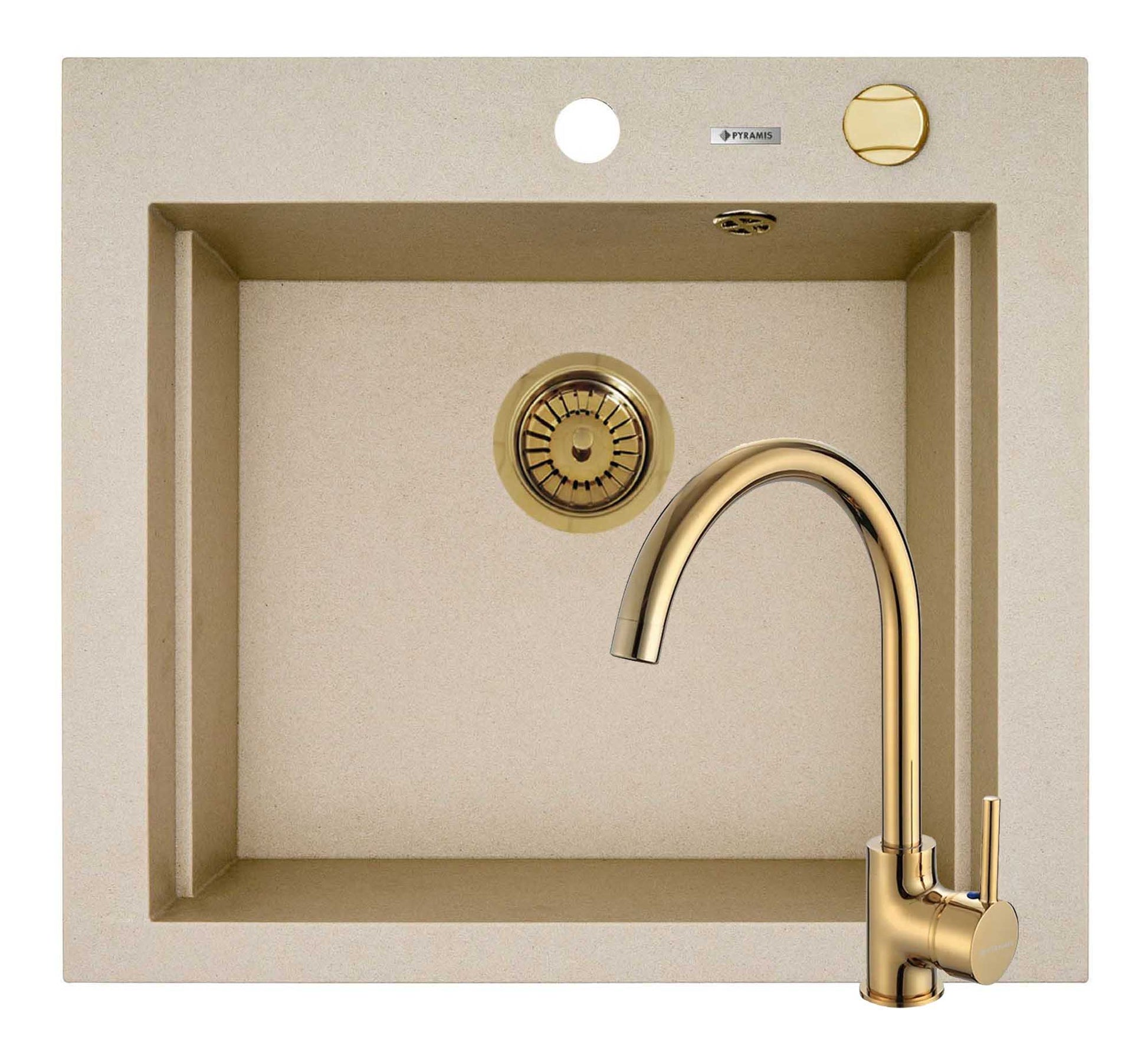 Set chiuveta granit SIROS 57x51,5 1B Beige si baterie ECO BELLO Gold