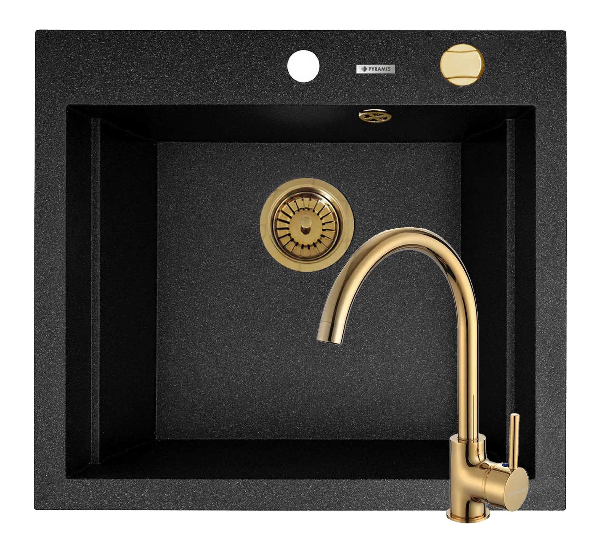 Set chiuveta granit SIROS 57x51,5 1B Black si baterie ECO BELLO Gold