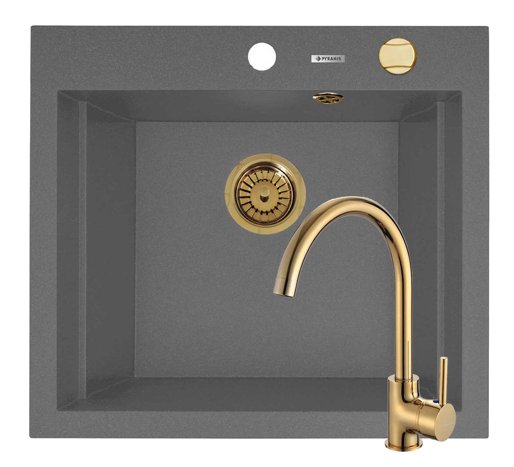 Set chiuveta granit SIROS 57x51,5 1B Grey si baterie ECO BELLO Gold