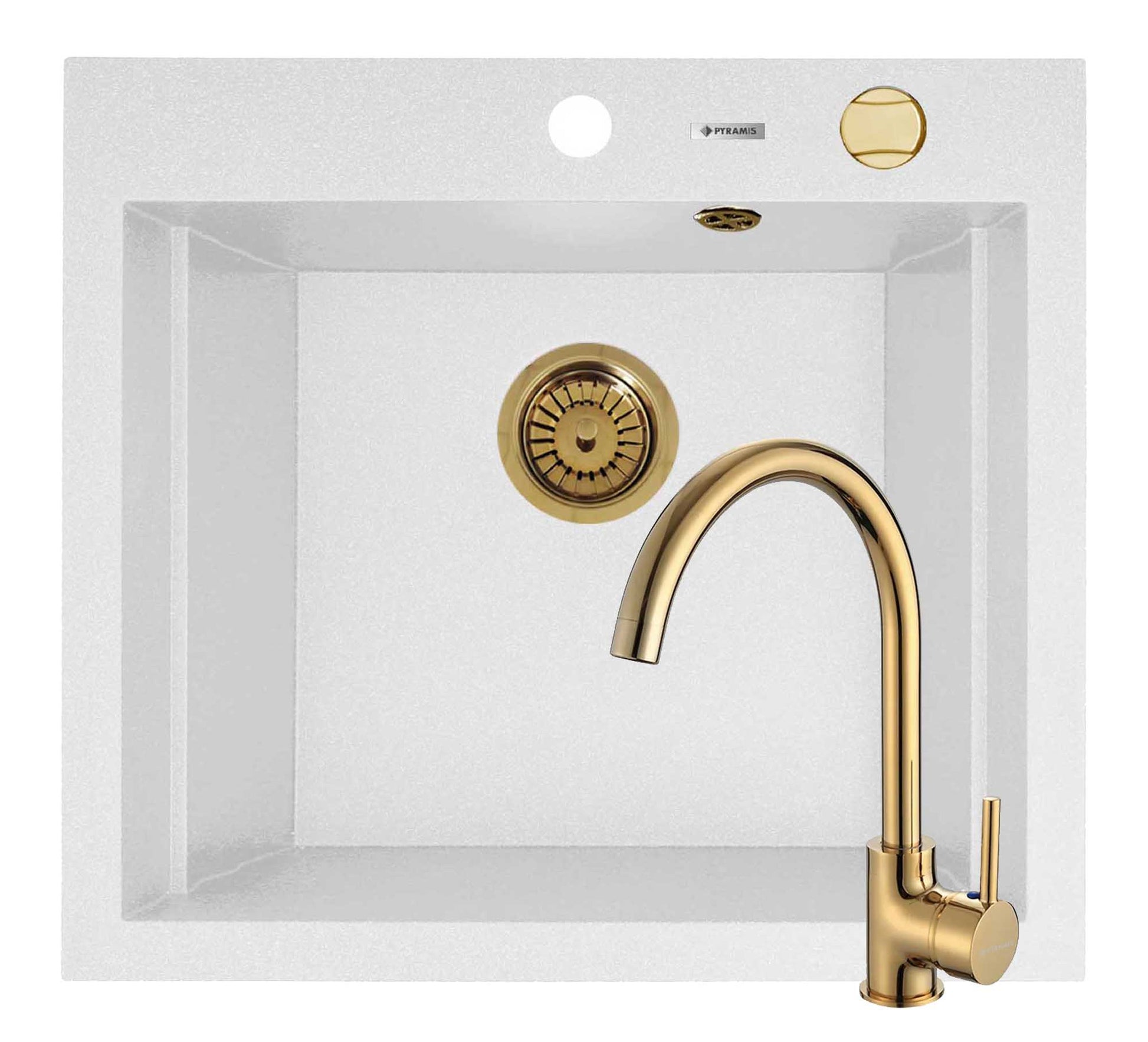 Set chiuveta granit SIROS 57x51,5 1B White si baterie ECO BELLO Gold