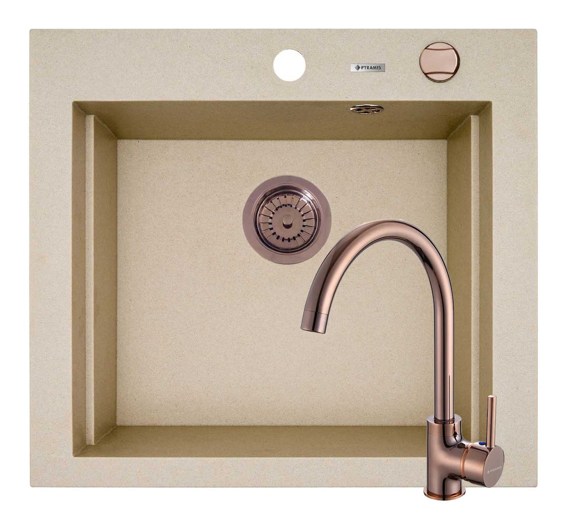 Set chiuveta granit SIROS 57x51,5 1B Beige si baterie ECO BELLO Copper