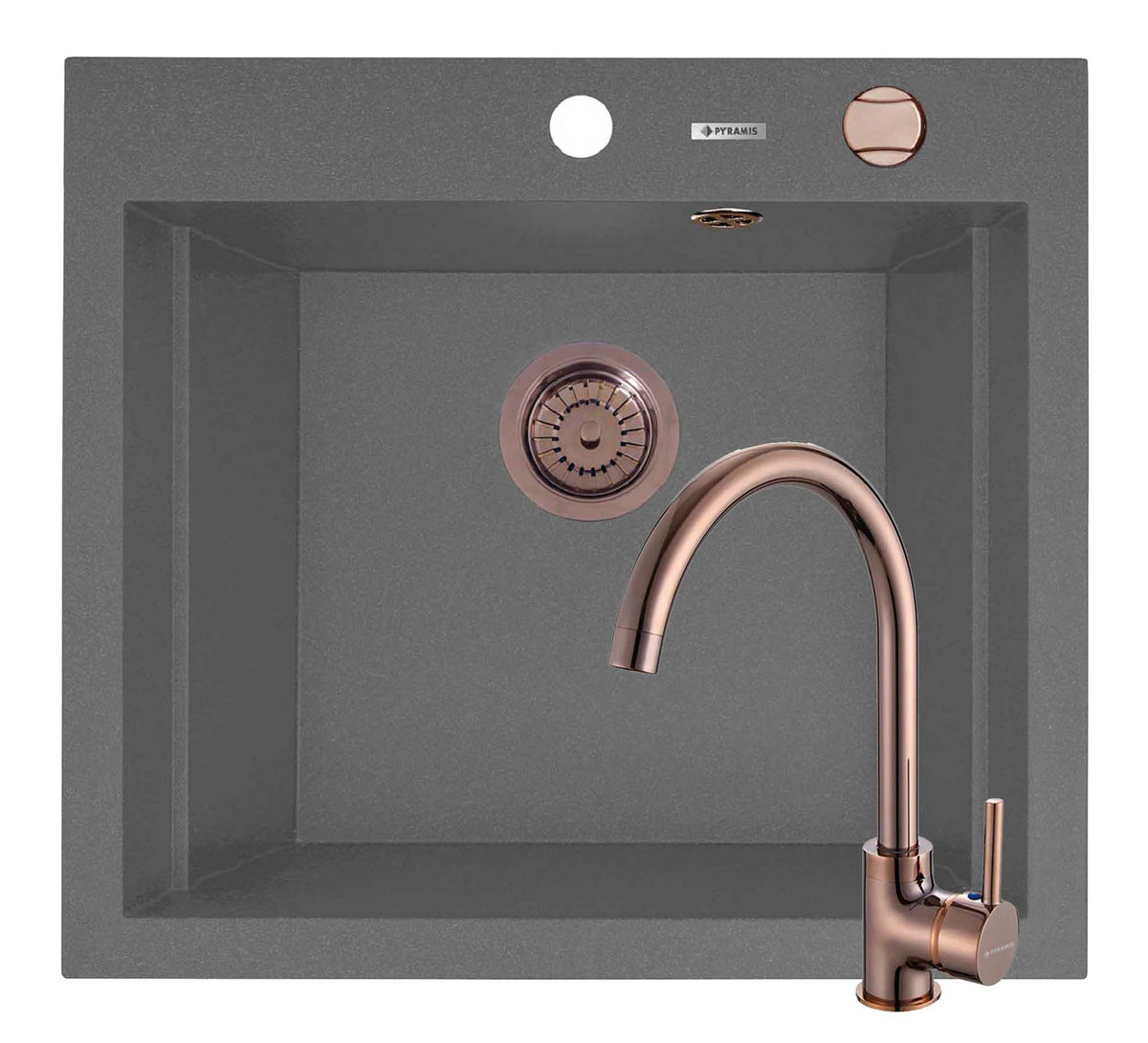 Set chiuveta granit SIROS 57x51,5 1B Grey si baterie ECO BELLO Copper