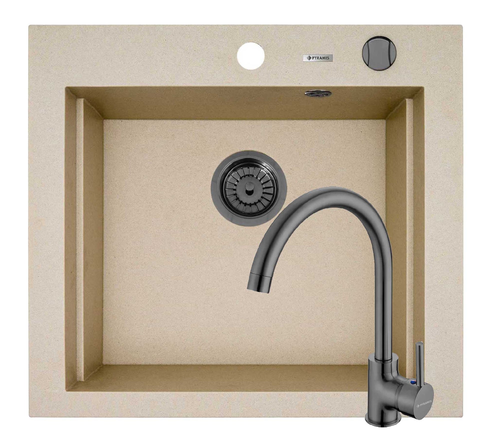 Set chiuveta granit SIROS 57x51,5 1B Beige si baterie ECO BELLO Gun Metal