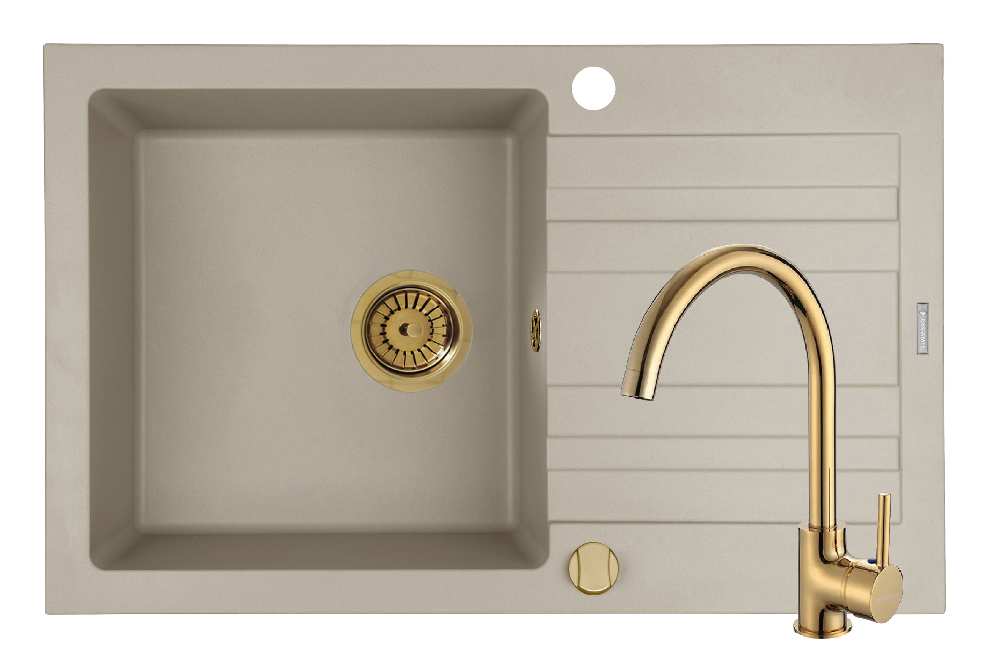 Set chiuveta granit NAXOS 79x50 1B 1D Beige si baterie ECO BELLO Gold