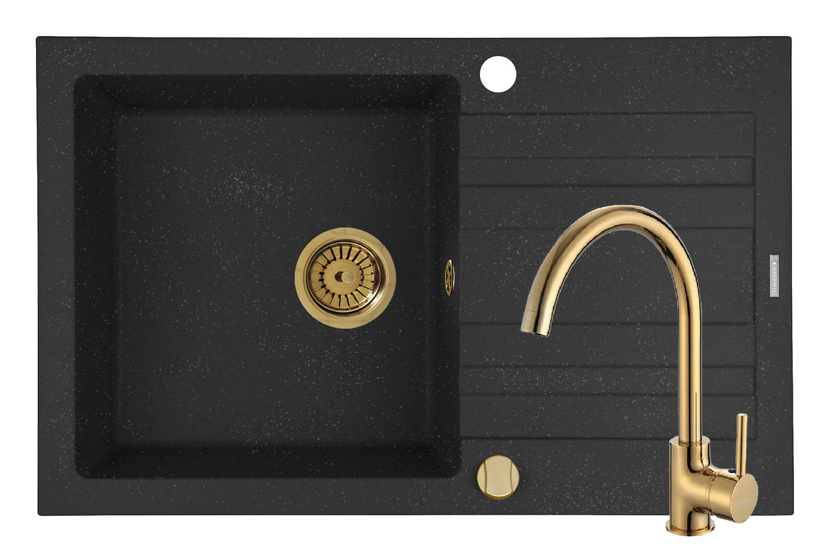 Set chiuveta granit NAXOS 79x50 1B 1D Black si baterie ECO BELLO Gold