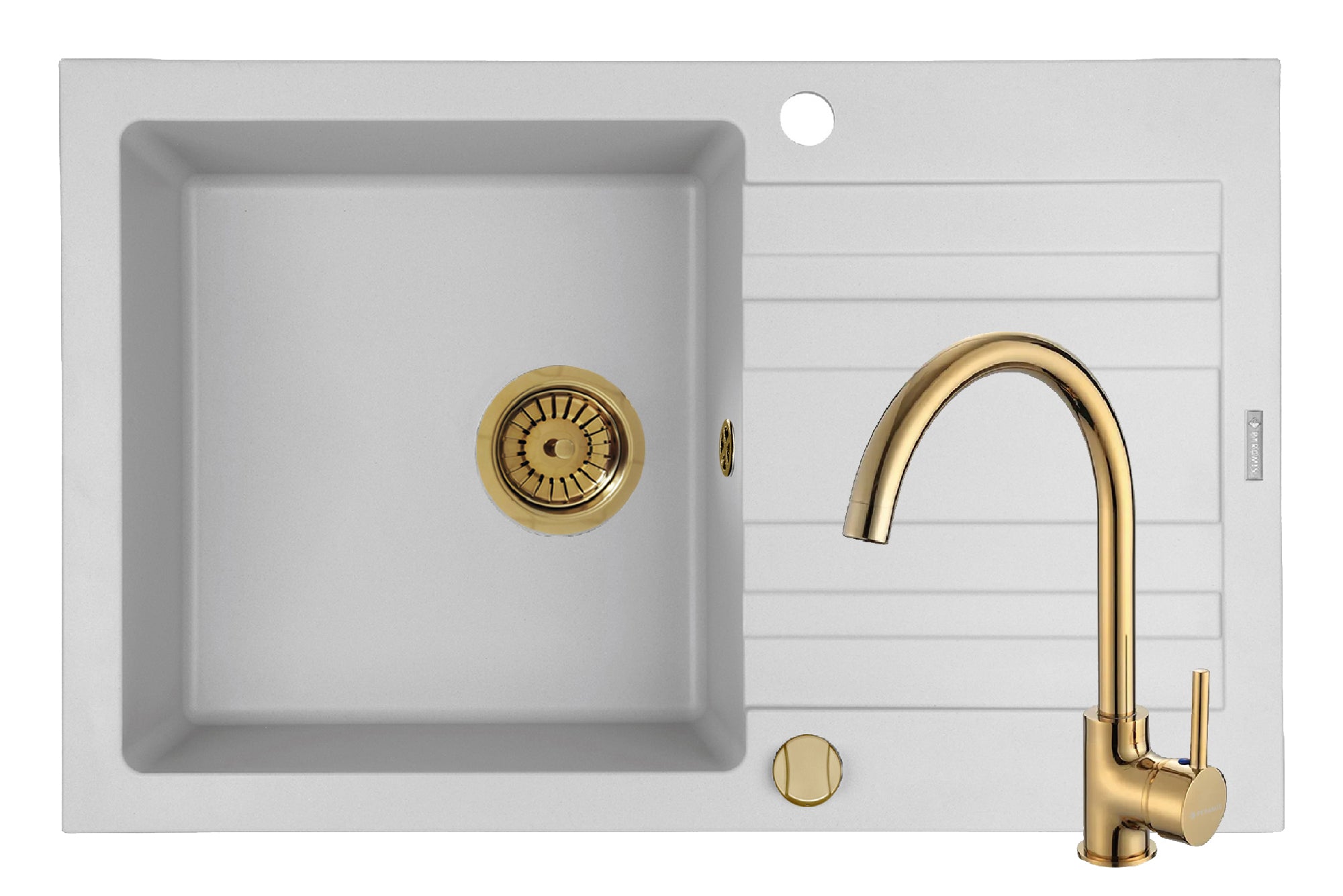Set chiuveta granit NAXOS 79x50 1B 1D White si baterie ECO BELLO Gold