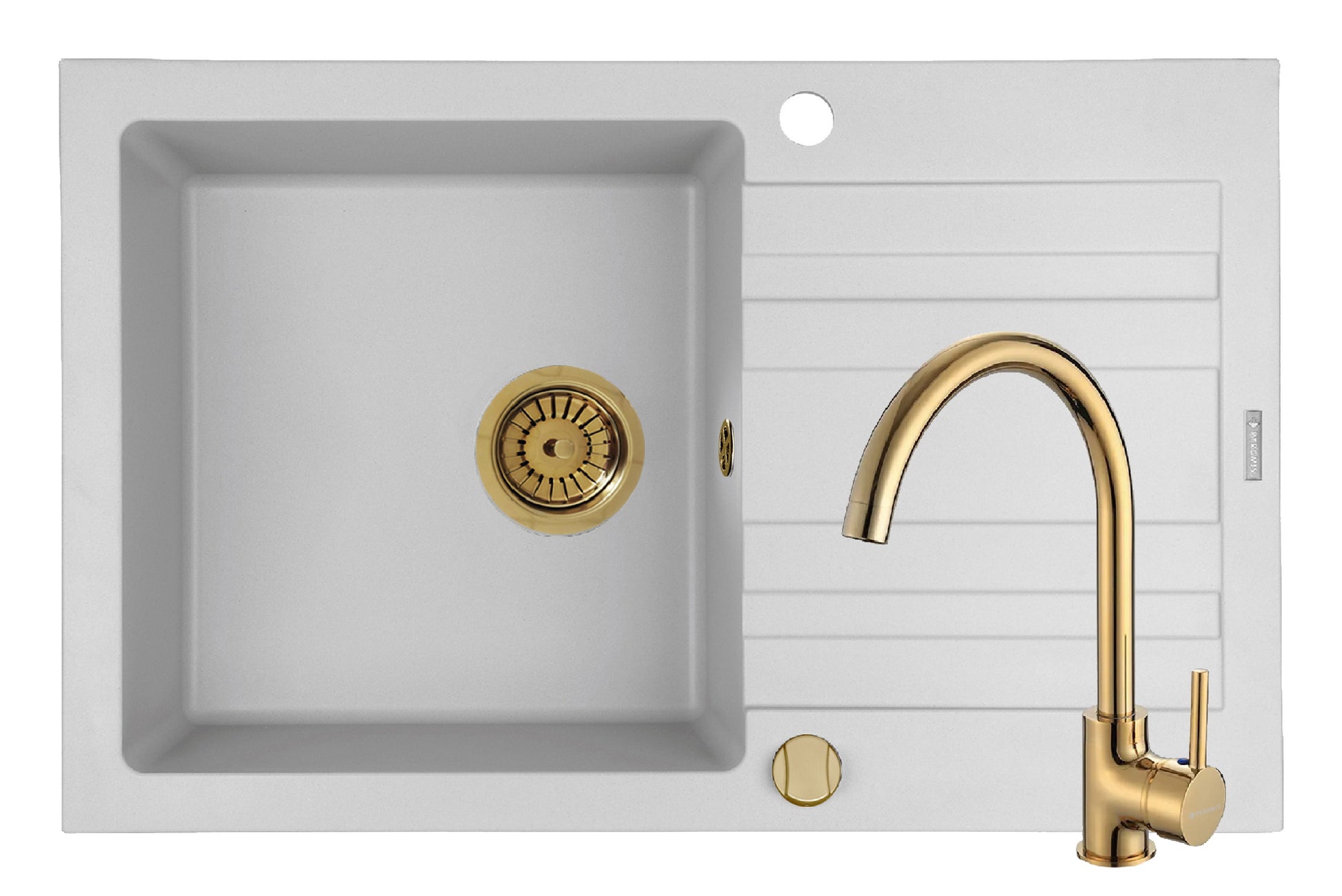 Set chiuveta granit NAXOS 79x50 1B 1D White si baterie ECO BELLO Gold