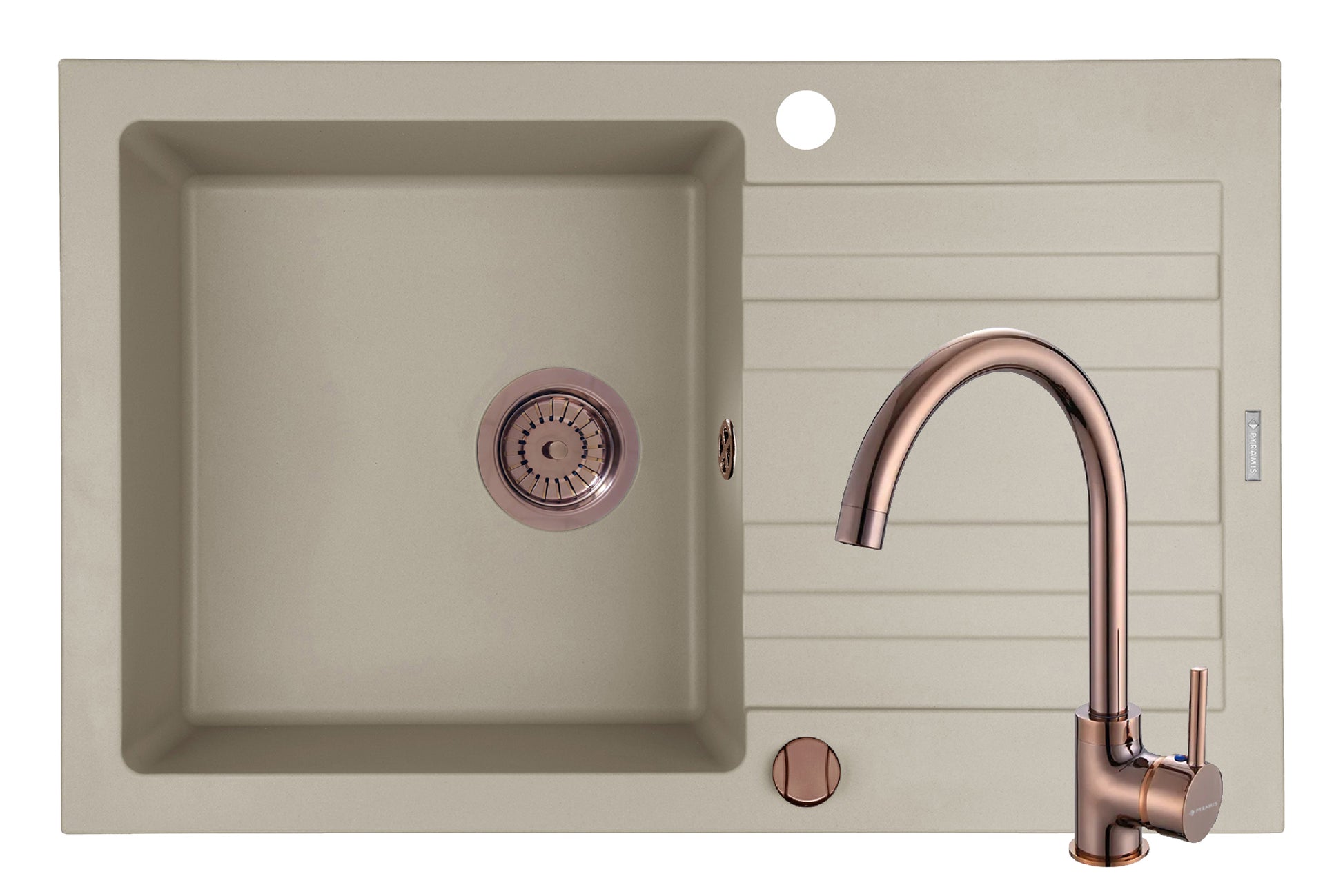 Set chiuveta granit NAXOS 79x50 1B 1D Beige si baterie ECO BELLO Copper