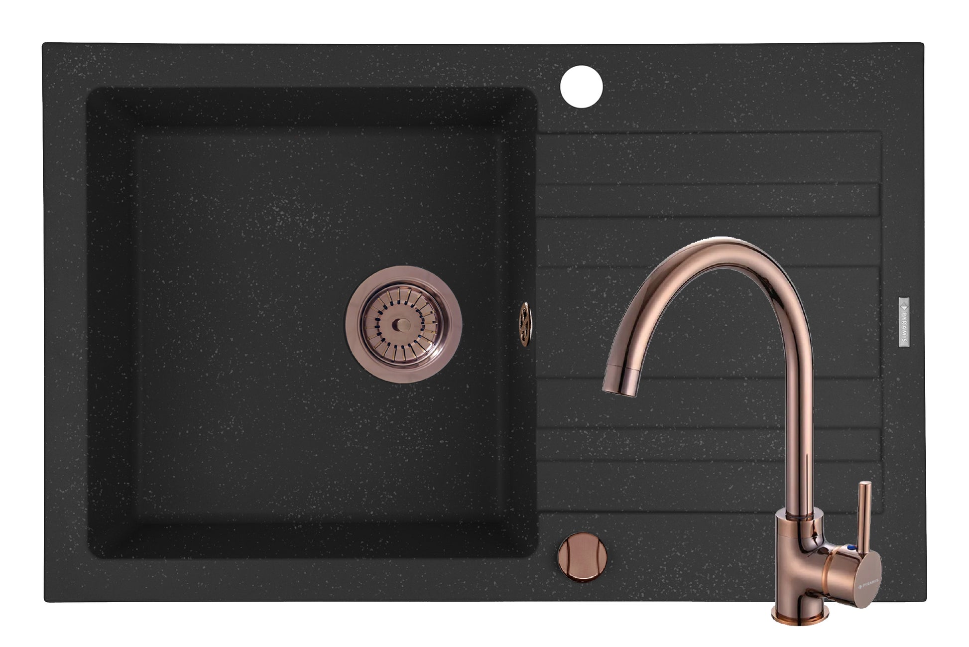Set chiuveta granit NAXOS 79x50 1B 1D Black si baterie ECO BELLO Copper