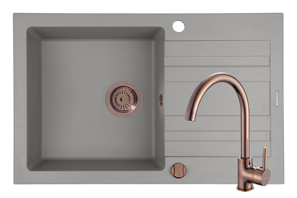 Set chiuveta granit NAXOS 79x50 1B 1D Grey si baterie ECO BELLO Copper