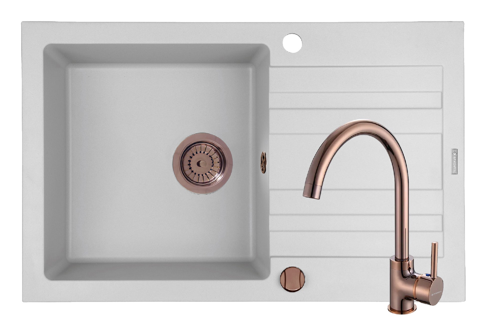 Set chiuveta granit NAXOS 79x50 1B 1D White si baterie ECO BELLO Copper
