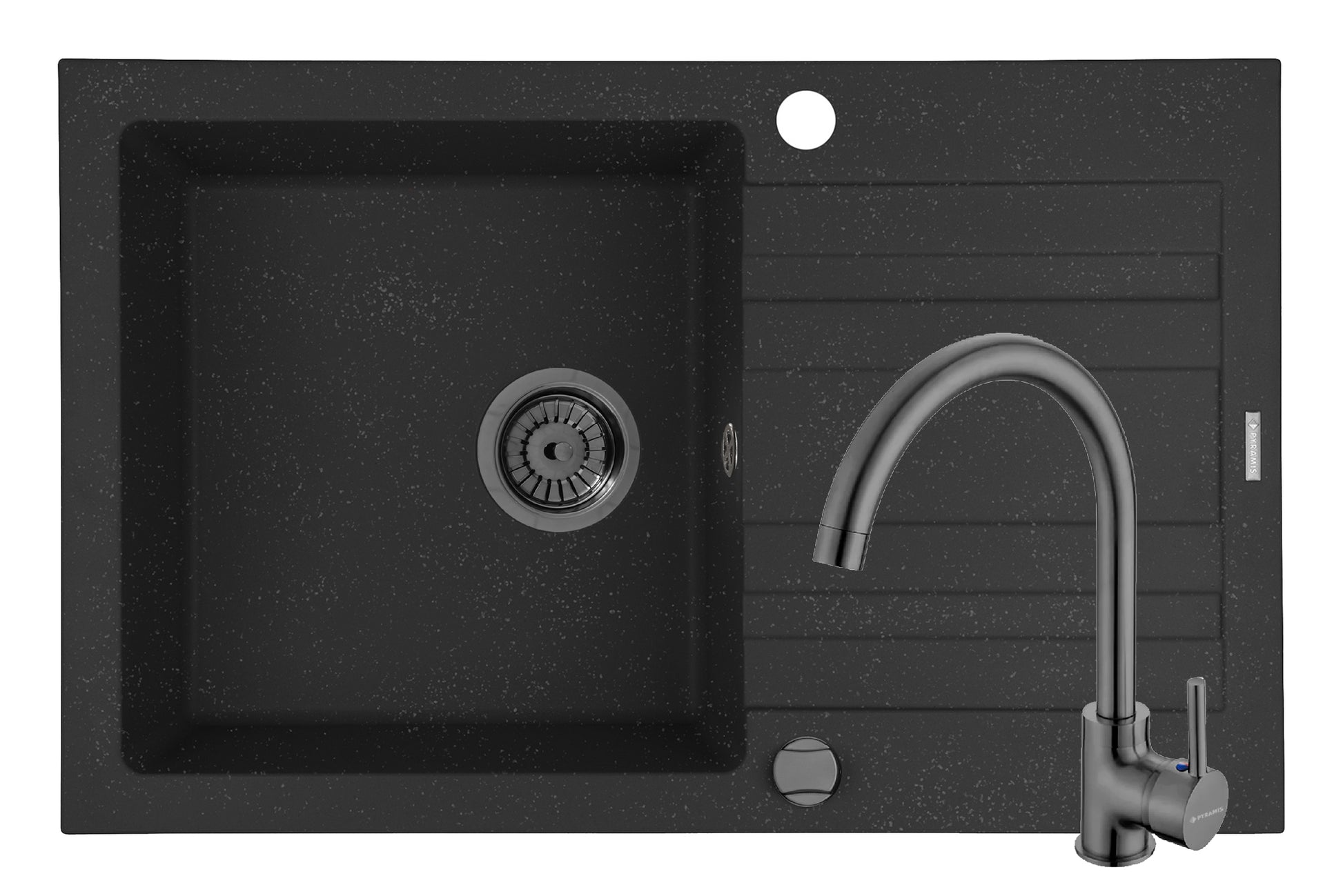 Set chiuveta granit NAXOS 79x50 1B 1D Black si baterie ECO BELLO Gun Metal