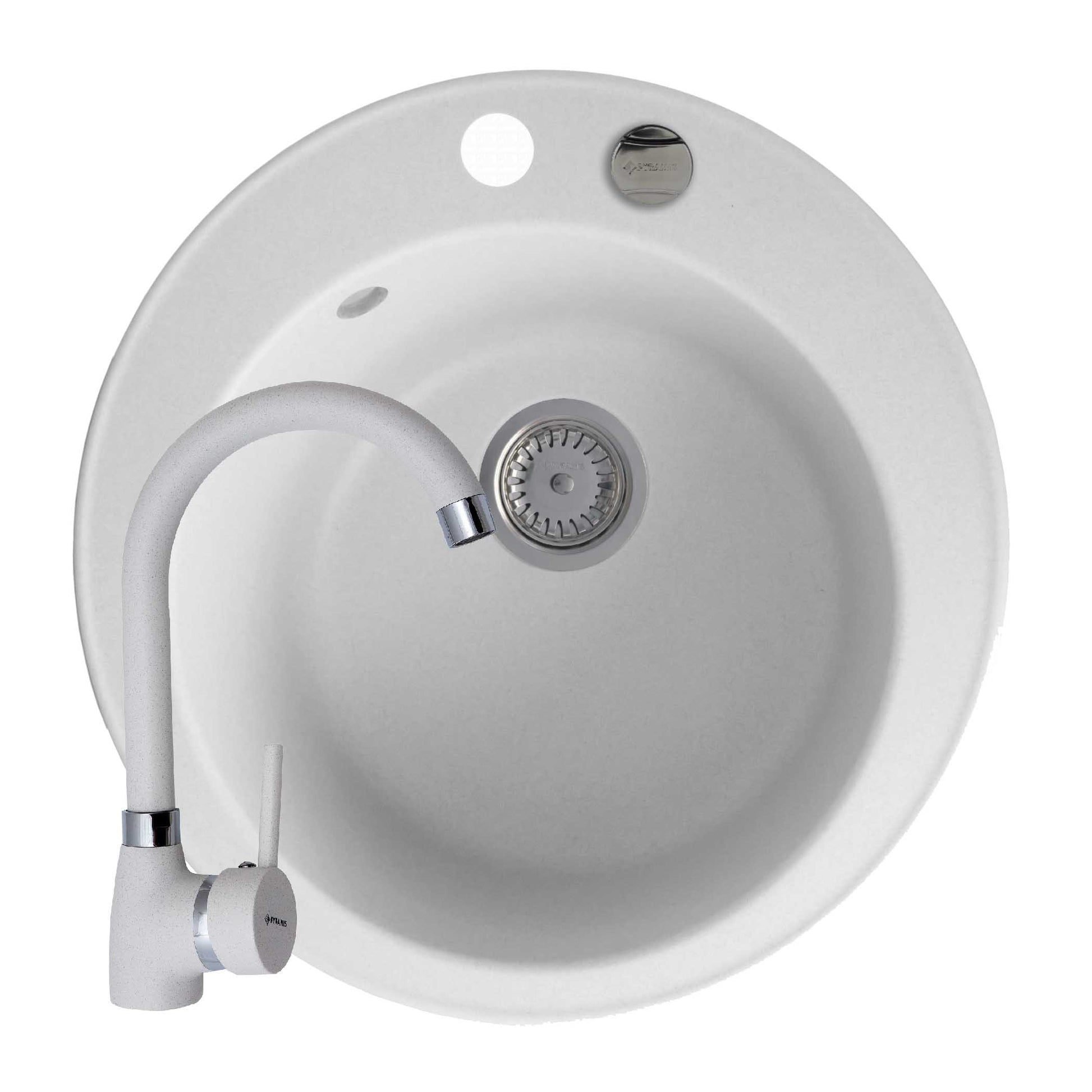 Set chiuveta granit ROUND 1B Ø49 & baterie BELLO White