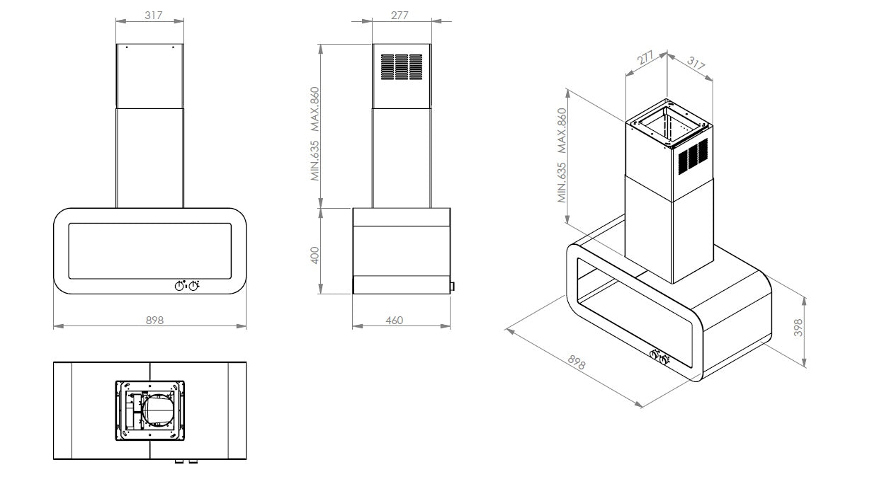 Hota insula Pyramis CORSO, 90cm, 704mc/h, 43dB, Touch Control, Inox si Sticla Neagra
